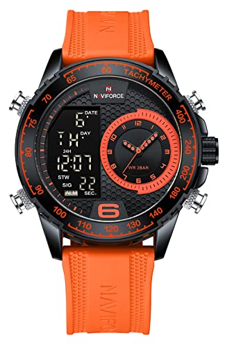 NAVIFORCE メンズ クロノグラフ ウォッチ アウトドア 防水 ミリタリー タクティカル スタイル クオーツ スポーツウォッチ 男性用 ラバーストラップ付き NF9199T (オレンジ), オレンジ, クロノグラフ。